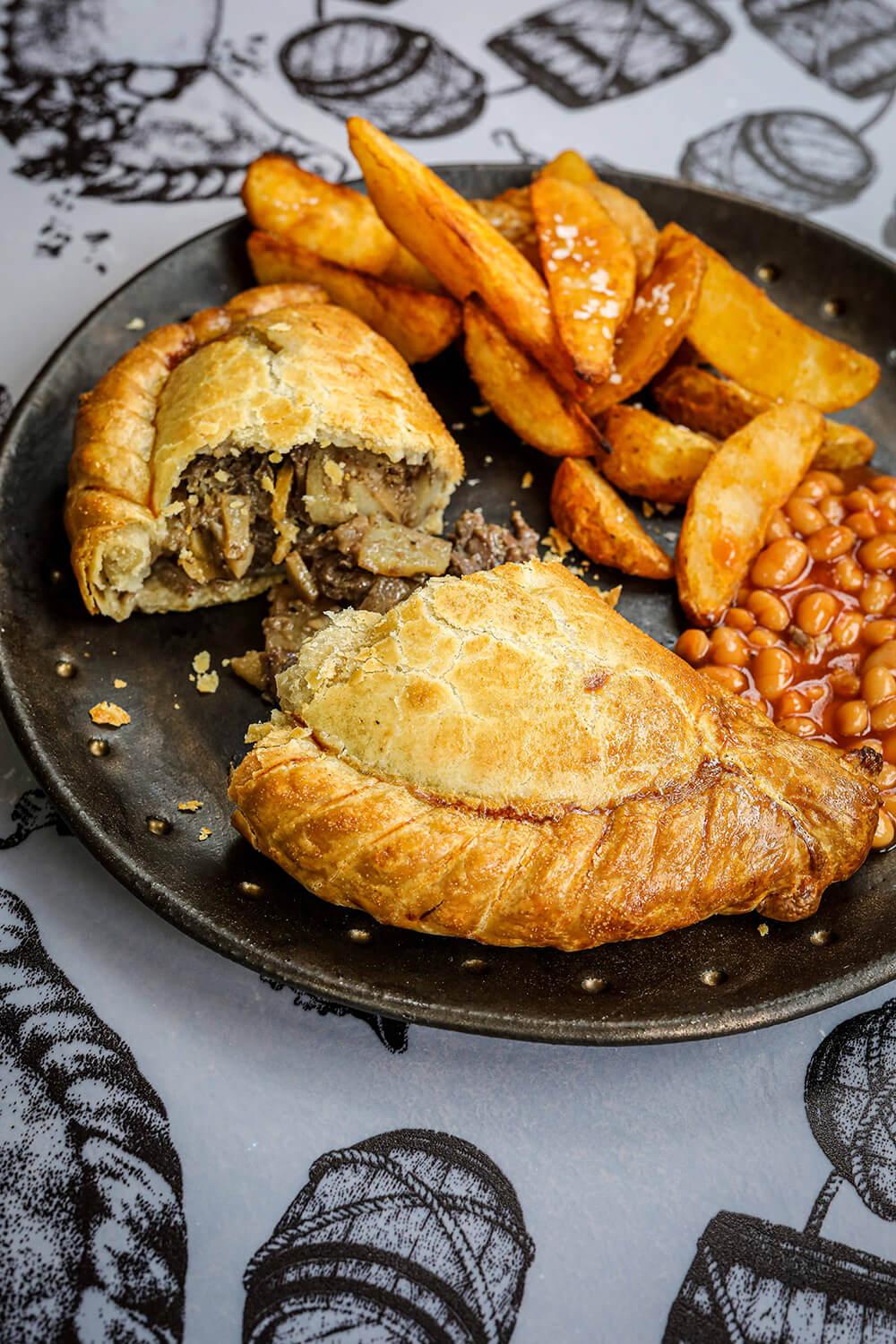 Cornish pasty, potato wedges & beans